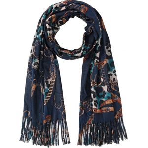 Nouka Donker Blauwe Multicolor Dames Sjaal– Gouden Schakels en Hengsel Print - met Franjes - Warme & Lichte Sjaal – Herfst / Winter – 70 x 180 cm