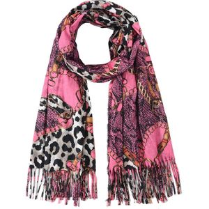 Nouka Roze Multicolor Dames Sjaal– Gouden Schakels en Hengsel Print - met franjes - Warme & Lichte Sjaal – Herfst / Winter – 70 x 180 cm
