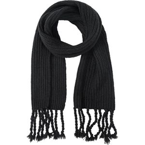 Nouka Zwarte Dames Sjaal - Gebreid Patroon en franjes – Warme & Lichte Sjaal – Herfst / Winter – 30 x 180 cm