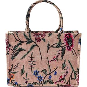 Nouka Grote Beige Dames Tas – met Bloemen Patroon – Schoudertas – Shopper – Handtas – Werktas - Schooltas