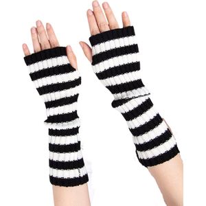 Gebreide vingerloze handschoenen zwart/wit gestreept - Gothic lange Polswarmers/Armwarmers Dames
