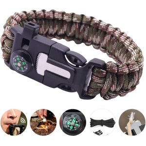 Outdoor survival Armband Legergroen Camouflage - 5 in 1 met Vuursteen (magnesium stick), Paracord, Kompas, Noodfluit en Schraper