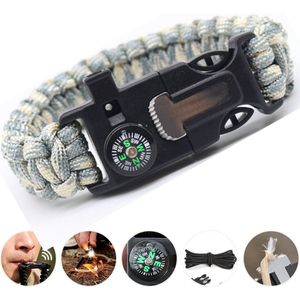 Outdoor survival Armband groen/beige - 5 in 1 met Vuursteen (magnesium stick), Paracord, Kompas, Noodfluit en Schraper