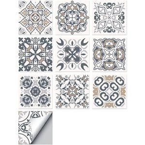 Plaktegels voor keuken, badkamer & vloer - 10 Stickertegels - 10x10CM - Zelfklevende Portugese Tegels Beige/Grijs