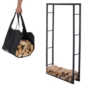 Lendo Online brandhoutrek 100x25x196cm + draagtas– Binnen en buiten -haardhout opslag – haardhoutrek – houtopslag – zwart - metaal