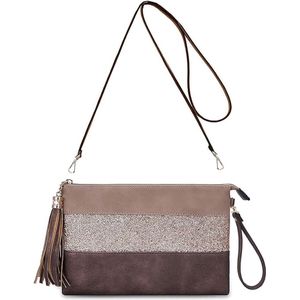 SHOP YOLO-Schoudertas Dames-Crossbodytas -PU Leer-Glitter Clutch Avondtas Polstas-Bruin