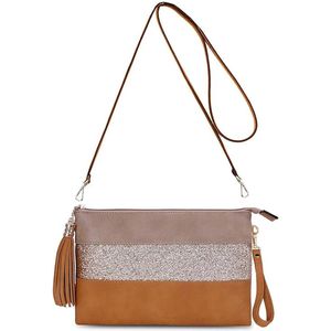 SHOP YOLO-Schoudertas Dames-Crossbodytas -PU Leer-Glitter Clutch Avondtas Polstas-lichtbruin