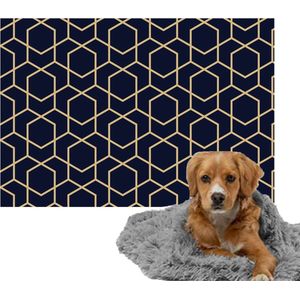 Ulticool – Zachte Fleece Deken - 100x150 cm – Geometrische Figuren Blauw Goud - Dubbelzijdige Plaid voor Huisdier - Versiering voor  huiskamer - Accessoire op de bank - Achterbank Auto - Kofferbak – Warme Grijze Warmtedeken voor Kat Hond Hondenmand