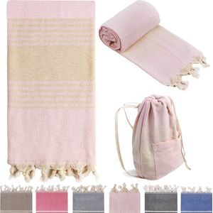 Combi Hamamdoek met Strandtas Lichtroze Strandlaken %100 Katoen XL 100x180cm Reishanddoek Beachbag Grote Tas Schoudertas Zwemtas Badlaken Groot Douchelaken Pestemal Fouta Pareo Yoga