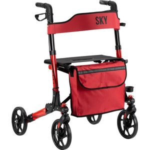 Sky - Special Edition - Lichtgewicht Rollator - Rood - Dubbel Opvouwbaar - Met Stokhouder en Boodschappentas