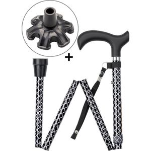 Wandelstok opvouwbaar zwart met Ruitjes met ergonomisch comfort handvat en polsbandje - Loopstok - Verstelbaar 82 - 94 cm - Lichtgewicht - Incl. 6-poot stokdop