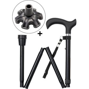 Wandelstok opvouwbaar Zwart met ergonomisch comfort handvat en polsbandje - Loopstok - Verstelbaar 82 - 94 cm - Lichtgewicht - Incl. 6-poot stokdop