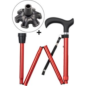 Wandelstok opvouwbaar Rood met ergonomisch comfort handvat en polsbandje - Loopstok - Verstelbaar 82 - 94 cm - Lichtgewicht - Incl. 6-poot stokdop