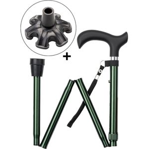 Wandelstok opvouwbaar Groen met ergonomisch comfort handvat en polsbandje - Loopstok - Verstelbaar 82 - 94 cm - Lichtgewicht - Incl. 6-poot stokdop