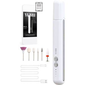 YUBBI® Elektrische Nagelvijl - Nagelfrees - 6 Opzetstukken - USB Functie voor op Reis - Eelt Verwijderaar - Manicure Apparaat - Pedicure Set - Wit - Inclusief E-book