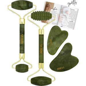 YUBBI Jade Gua Sha Set - Donker Groene Jade Gezichtsroller - Schraper - Gezichtsverzorging - 4 Stuks - Inclusief Instructies