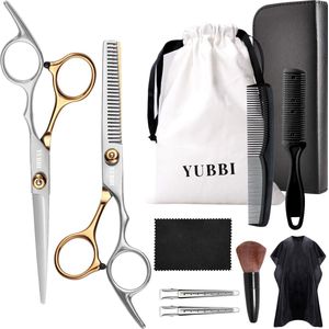 YUBBI Professionele Kappersschaar Set - 11 delig - Knipschaar - Coupeschaar - Uitdunschaar - Snijkam - Zilver Goud
