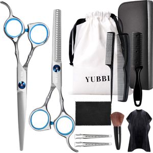 YUBBI Professionele Kappersschaar Set - 12 delig - Knipschaar - Coupeschaar - Uitdunschaar - Snijkam - Zilver