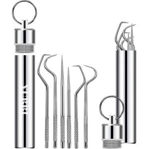 YUBBI 6 Delige Tandenstokers Set met Etui - Tandarts Setje - Tandartshaakje - Tandartshaak - Tandarts Spiegel - Tandplak - RVS