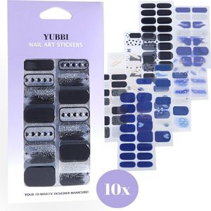 YUBBI Nail Art Nagel Stickers - Nail Wraps - Stencils - Zelfklevend - 10 Vellen - Blauw Assortiment