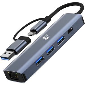 Grey Fox 5 in 1 USB Hub - USB Splitter 3.0 - USB C Type - Ethernet