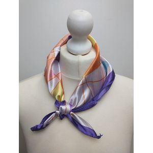 Vierkante dames sjaal Liselore fantasiemotief paars oranje roze blauw geel 50x50