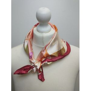 Vierkante dames sjaal Liselore fantasiemotief rood paars oranje geel beige abrikoos 50x50