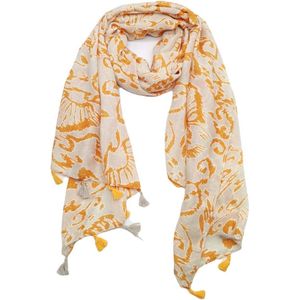 Lange dames sjaal Alita fantasiemotief oranje beige wit