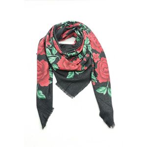 Lange warme dames sjaal Eliana gebloemd motief zwart rood groen vierkant model