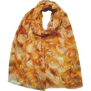 Lange dames sjaal Karlijn fantasiemotief oranje wit abrikoos geel bruin