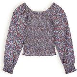 NoBell Meisjes blouse smocked bloemen - Tessa - Grijs navy blauw