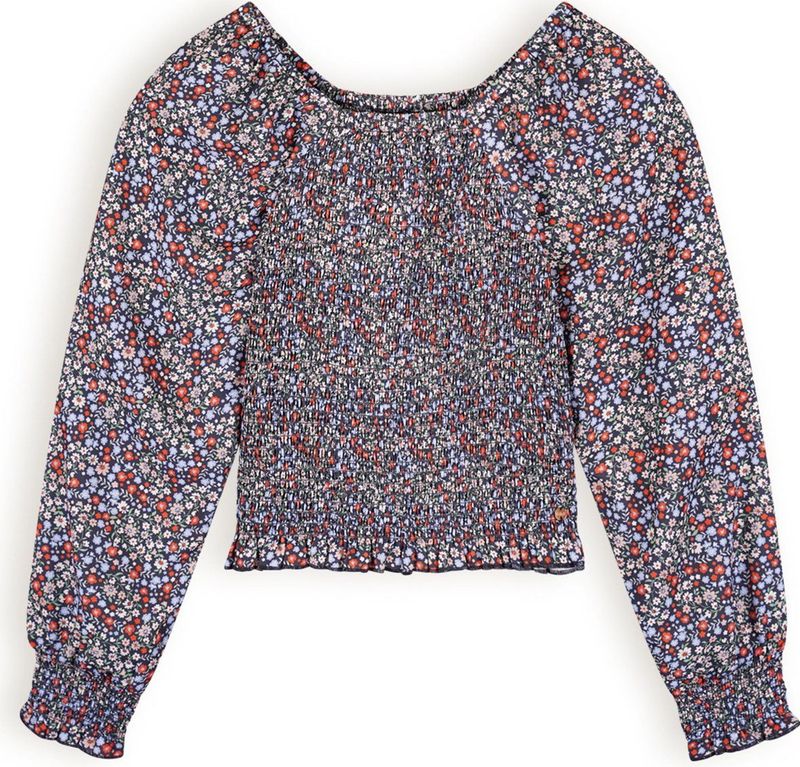NoBell Meisjes blouse smocked bloemen - Tessa - Grijs navy blauw