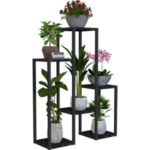 Pochon - Plantentafel Kim - Zwart Marmer - 20x56x79 - Metaal - Plantenrek - Ladderkast - Plantenstandaard - Plantentafeltje voor Binnen