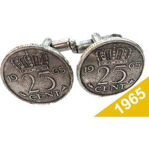 Manchetknopen Kwartje 1965 Verzilverd - Uniek en Stijlvol Sieraad met Jaartal - Cadeau Geboortejaar - Alle Jaartallen Beschikbaar - Doorsnede 1,8 cm