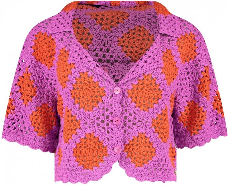 HARPER & YVE - Crochet Top - Roze - Korte Mouwen - Knoopsluiting