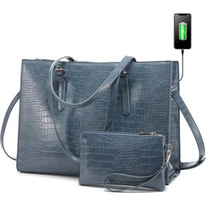 Lubellie® Crolina Tweedelige elegante Dames Handtassen set met een USB-oplaad poort - Dames laptoptas - Schoudertas - Een laptopvak voor 15,6 inch Laptops - Met gratis clutch - Blauw