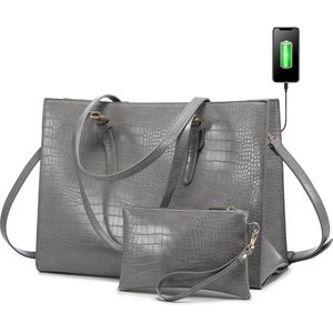 Lubellie® Crolina Tweedelige elegante Dames Handtassen set met een USB-oplaad poort - Dames laptoptas - Schoudertas - Een laptopvak voor 15,6 inch Laptops - Met gratis clutch - Grijs