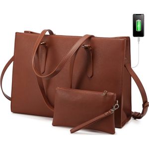 Lubellie® Dorina Tweedelige elegante Dames Handtassen set met een USB-oplaad poort - Dames laptoptas - Schoudertas - Een laptopvak voor 15,6 inch Laptops - Met gratis clutch - Bruin