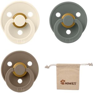 Bibs fopspenen-set 3 stuks- Maat 1 - Pine, Ivory white en Dark Oak - T1 - Met Monkiezz speenzakje