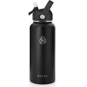 Drinkfles Roestvrij Staal 1000ml - Obsidian Black - 1L RVS Waterfles - Outdoor - Verpakking inclusief dop met rietje, draaidop, schoonmaakborstel - min. 24u warm - 24u koud - Hydra.