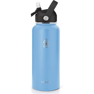 Drinkfles Roestvrij Staal 1000ml - Lucid Ocean - 1L RVS Waterfles Licht Blauw - Outdoor - Verpakking inclusief dop met rietje, draaidop, schoonmaakborstel - min. 24u warm - 24u koud - Hydra.