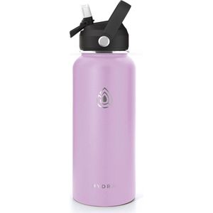 Drinkfles Roestvrij Staal 1000ml - Pink Lady - 1L RVS Waterfles Roze - Outdoor - Verpakking inclusief dop met rietje, draaidop, schoonmaakborstel - min. 24u warm - 24u koud - Hydra.