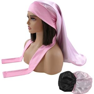 Xaria Dubbelzijdige Satijnen Slaapmuts met Verstelbare hoofdband met Lange Lussen - Bonnet van Satijn - Haarnetje - Lichtroze/Zwart