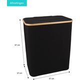 KROMS Wasmand 3 vakken - Zwart - Wassorteerder bamboe - Laundry basket - Wasmand met deksel - 145L