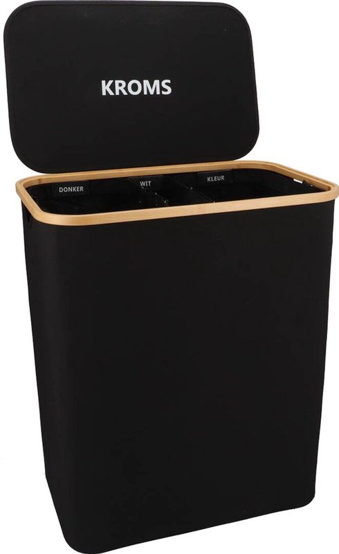 KROMS Wasmand 3 vakken - Zwart - Wassorteerder bamboe - Laundry basket - Wasmand met deksel - 145L