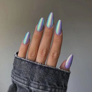 Press On Nails - Nep Nagels - Foto Effect - Holographic - Silver - Almond - Manicure - Plak Nagels - Zilver - Kunstnagels Nailart - Zelfklevend - 15S