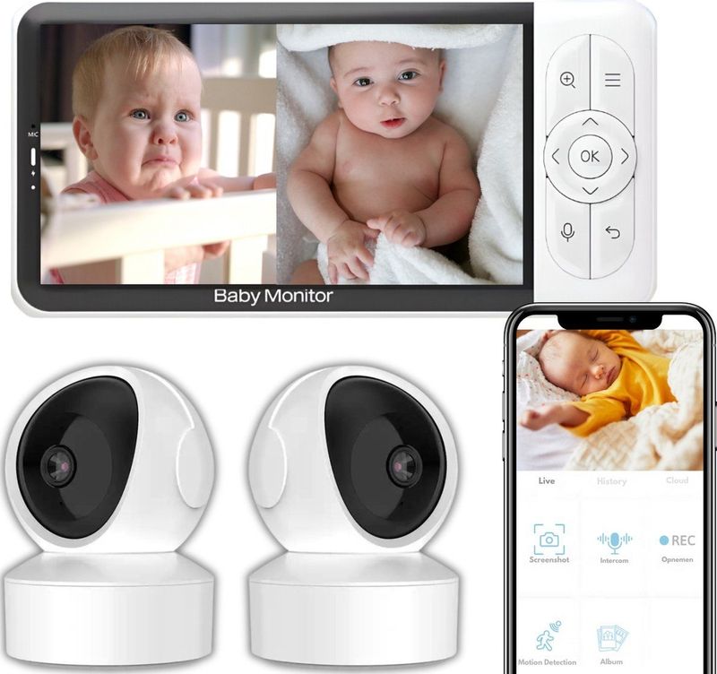 iNeedy Apy Babyfoon met 2 camera's en app - Babyfoons - Baby monitor - Splitscreen - Uitbreidbaar - 5 Inch