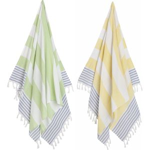 2 x Hamamdoek XL – Combi - Groen/Blauw/Geel - Zoem - Strandlaken – Katoen - Sauna – Wellness – Zwembad – Omslagdoek – Badlaken – Badhanddoek – Yoga – Stripe – 100 x 180 cm
