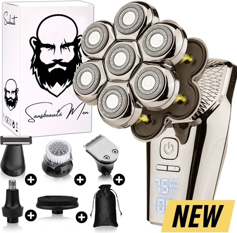 6-in-1 Scheerapparaat Mannen – Trimmer - Tondeuse - Sansbeauté® SkullSharp PRO MAX - Electric Face & Head Shaver - Skull Shaver - Hoofd Kaal Scheren – Nat & Droog - Elektrisch