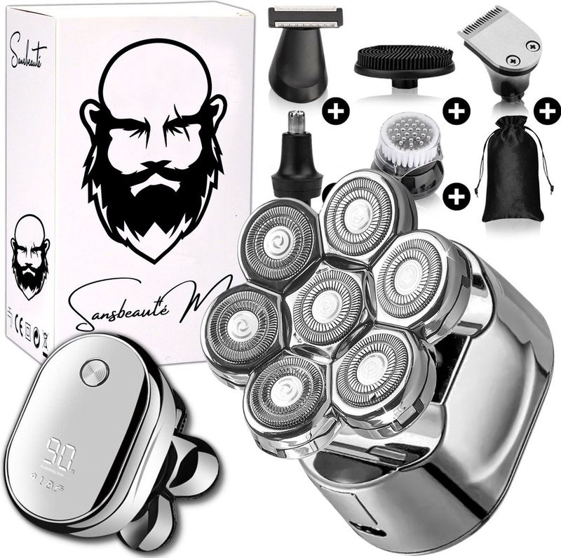 6-in-1 Scheerapparaat Mannen – Trimmer - Sansbeauté® Skull Sharp V1 | 7 Head - Nat & Droog - Electric Face Head & Hair Shaver – Hoofd Kaal Scheren - Opzetstukken - Elektrisch